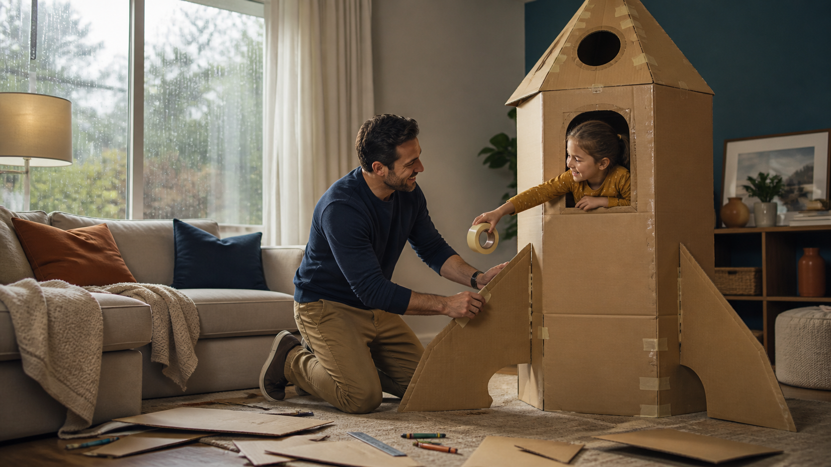 Father and daughter building a cardboard rocket together