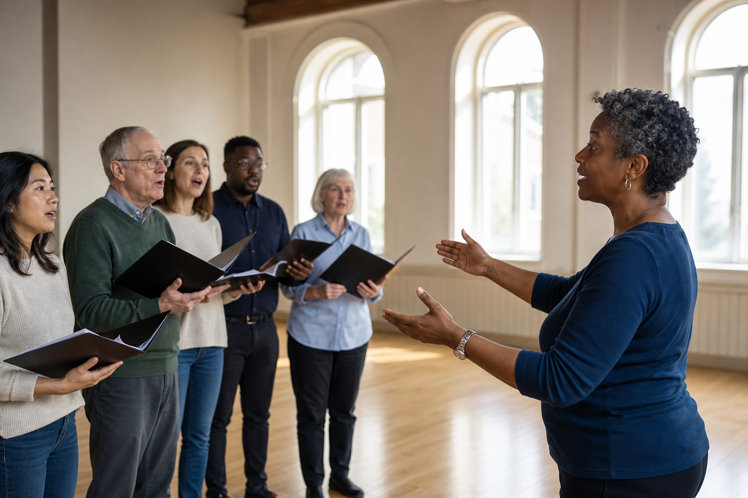 Adults singing together during a community choir rehearsal