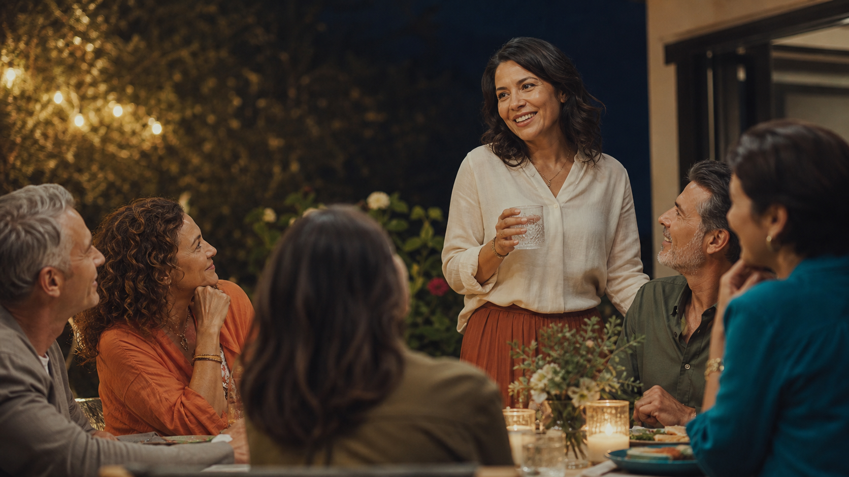 Woman sharing a warm toast with close friends at dinner