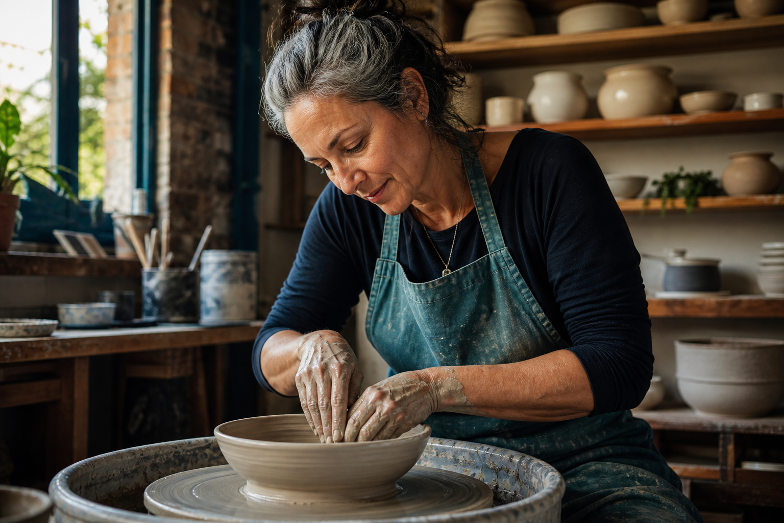 Woman shaping a ceramic bowl in a sunlit pottery studio