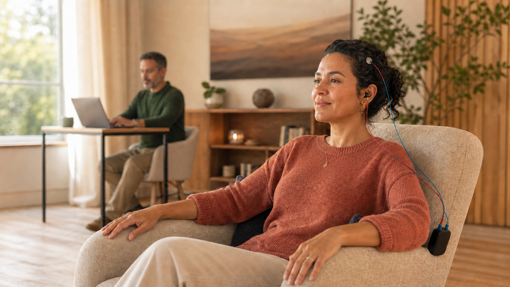 Woman relaxing during a guided brain-training session