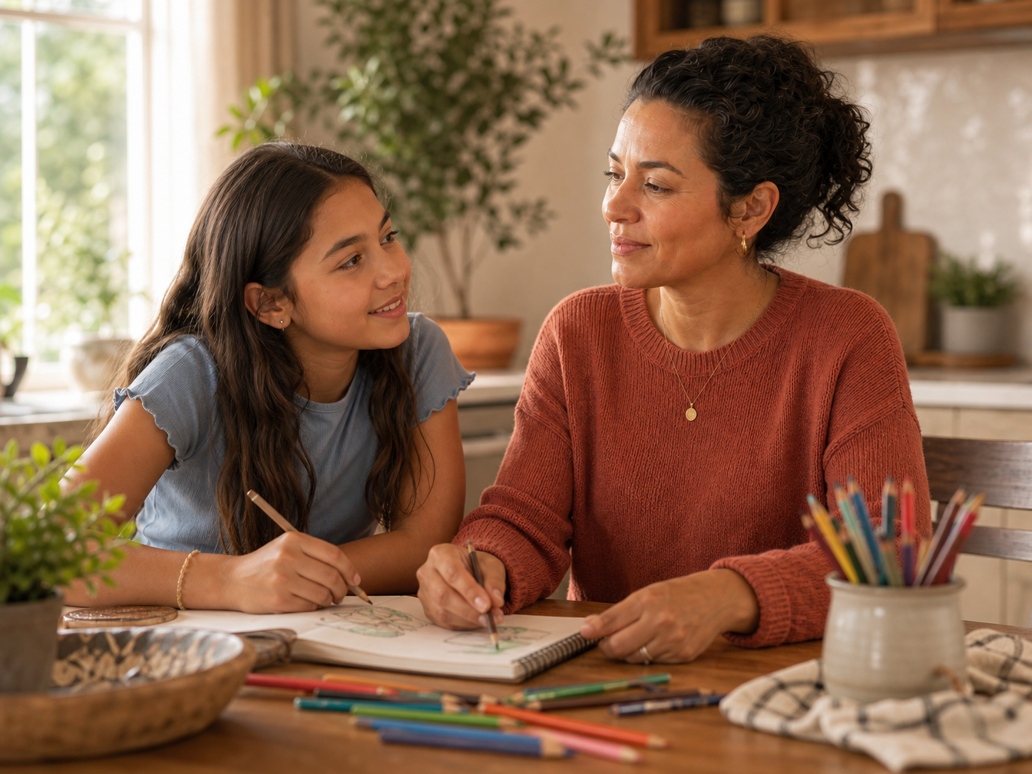 Mother and daughter sharing a relaxed creative moment at home